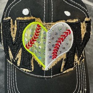 MOM Black Softball/Baseball Heart Patch Cap with Rhinestones